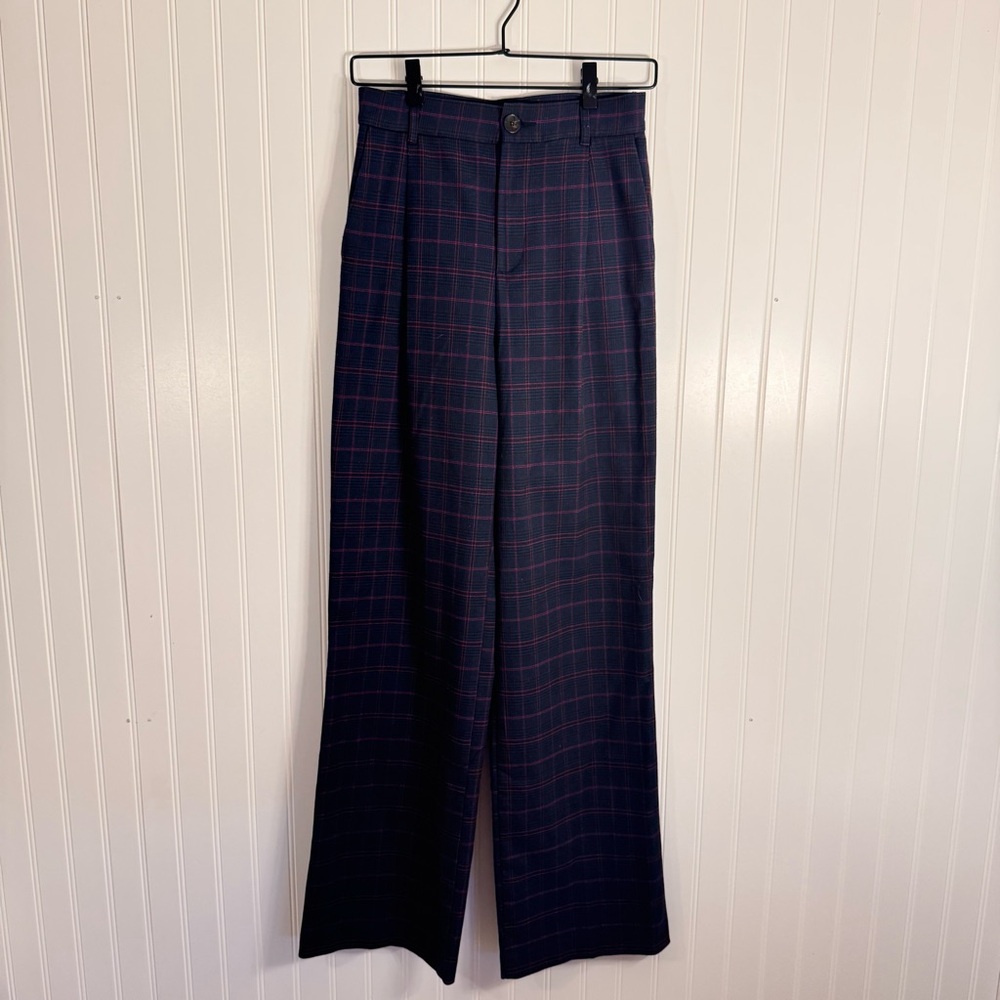 ZARA High-Waist Plaid Checker Trousers Blue & Pink Full Length 32” Inseam XS - Picture 2 of 15